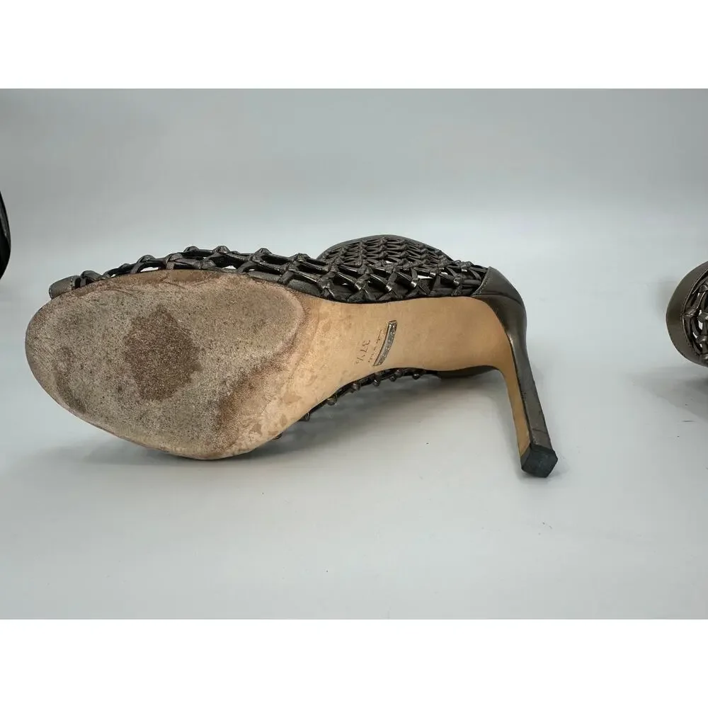 Gucci Eline Metallic Bronze Woven Leather Cage Peep Toe Booties Women's EU 37.5
